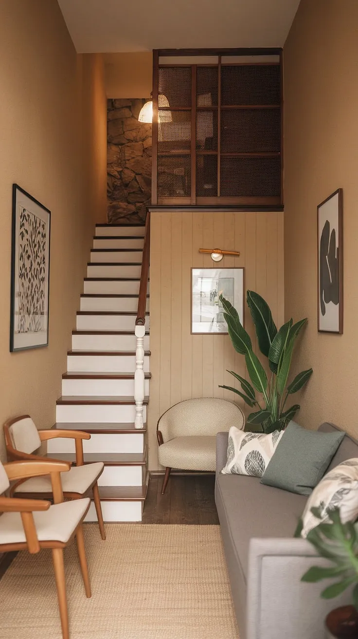 Cozy up in this Japandi-inspired snug tv room, where a living room staircase leads to a loft, maximizing space in this narrow media room.  Clever small tv room layout and design ideas create the perfect japandi movie room for relaxing movie nights.  Plenty of tv lounge ideas and media lounge room ideas are showcased in this small tv room design.