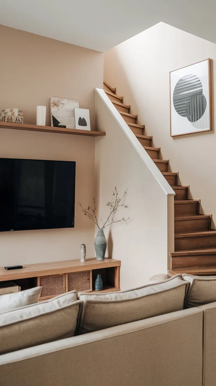 This Japandi living room staircase cleverly maximizes space, proving that even a narrow media room can be a cozy and stylish haven.  The small tv room layout, complete with snug tv room ideas, offers the perfect blend of functionality and aesthetic appeal for a relaxing movie night.  These small tv room design ideas and small tv room ideas showcase how to create a comfortable tv lounge, perfect for your media lounge room ideas.