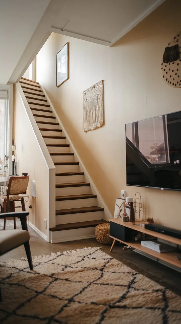 This narrow tv room showcases how to create a functional and stylish Japandi living room staircase.  Small tv room ideas abound in this design, proving that a small tv room design doesn't mean sacrificing style or comfort.  Perfect for tv lounge ideas and media lounge room ideas, this space is a masterclass in maximizing a narrow media room.