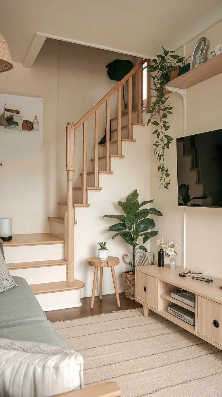 This narrow media room boasts a minimalist Japandi aesthetic, proving that even small tv room design ideas can create a captivating media lounge room.  The living room staircase adds architectural interest to this functional and stylish space, offering plenty of snug tv room ideas for a relaxing movie room experience.  Perfect examples of small tv room layout and narrow tv room ideas.