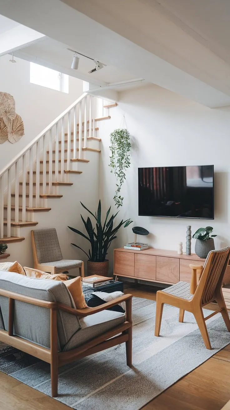 This Japandi living room staircase effortlessly connects the cozy tv lounge below with the upper level, showcasing clever small tv room design ideas.  The narrow media room maximizes space with minimalist furniture and thoughtful small tv room layout, perfect for snug tv room ideas and a serene japandi movie room experience.  Plenty of inspiration for narrow tv room ideas and media lounge room ideas in this small tv room.