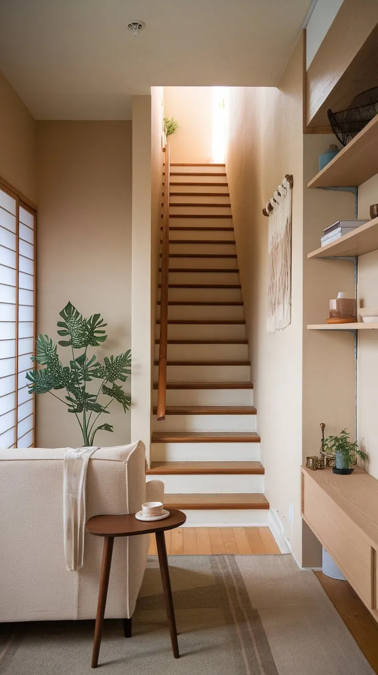 This Japandi living room staircase cleverly integrates a snug tv room, showcasing smart small tv room design ideas.  The narrow media room maximizes space with thoughtful small tv room layout and narrow tv room ideas, perfect for tv lounge ideas and media lounge room ideas.