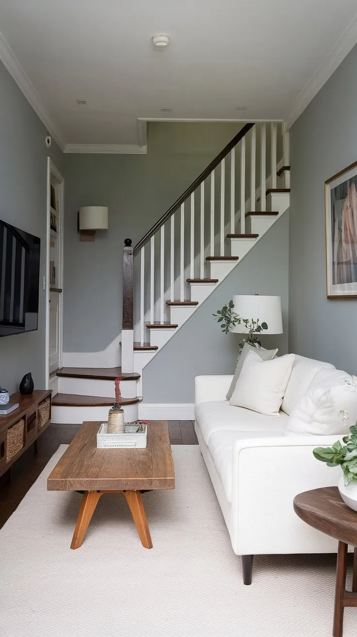 Maximize space and style in this narrow living room.  Clever design transforms a small tv room layout into a functional Japandi movie room, showcasing snug tv room ideas and innovative tv lounge ideas. The living room staircase becomes a design element, not a constraint, in this narrow media room with its thoughtful small tv room design ideas.