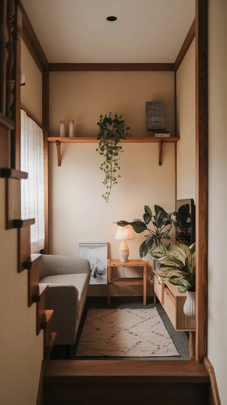 Transform a small space into a haven of calm with these small tv room design ideas. This Japandi movie room, featuring a living room staircase and a narrow sofa, demonstrates how to maximize comfort and style in a narrow tv room. Explore these snug tv room ideas and small tv room ideas for your own home.