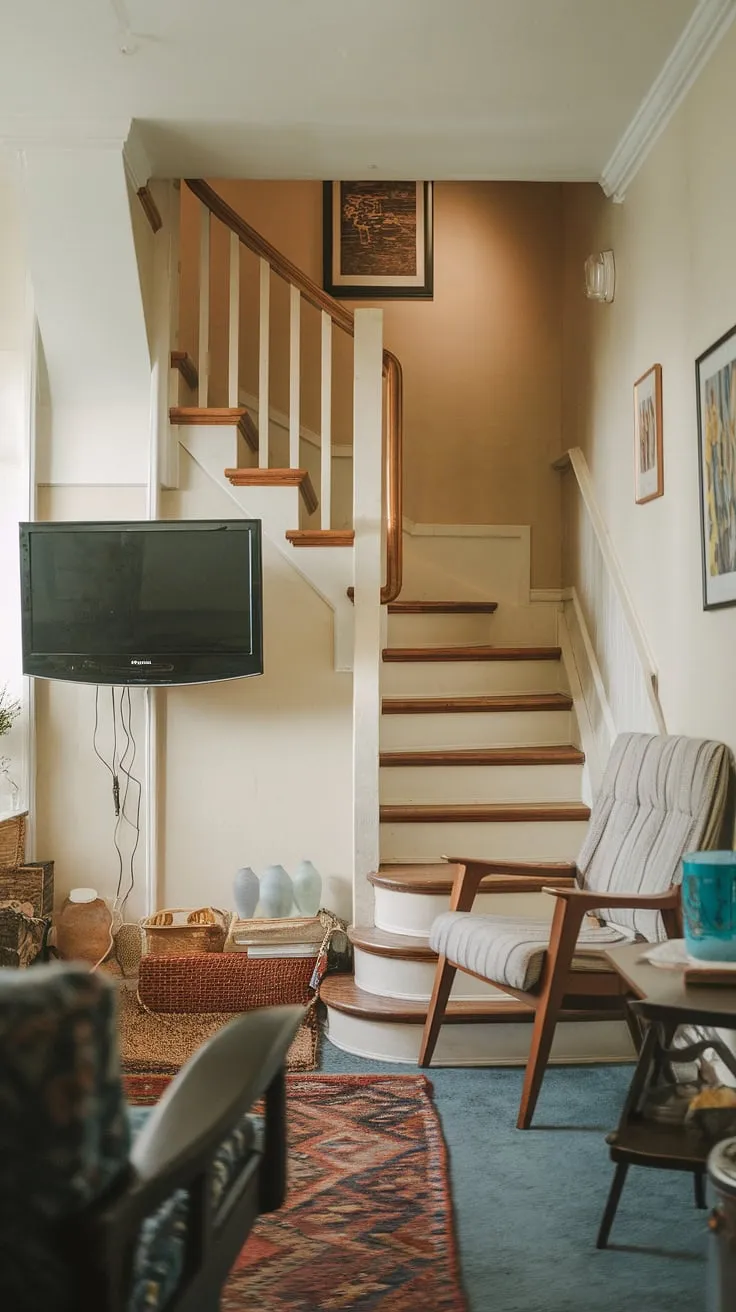 Maximize space and style in this narrow media room.  Clever placement of the TV near the living room staircase creates a cozy, functional snug tv room, perfect for Japandi movie nights. This small tv room layout offers plenty of inspiration for your own tv lounge ideas and media lounge room ideas.