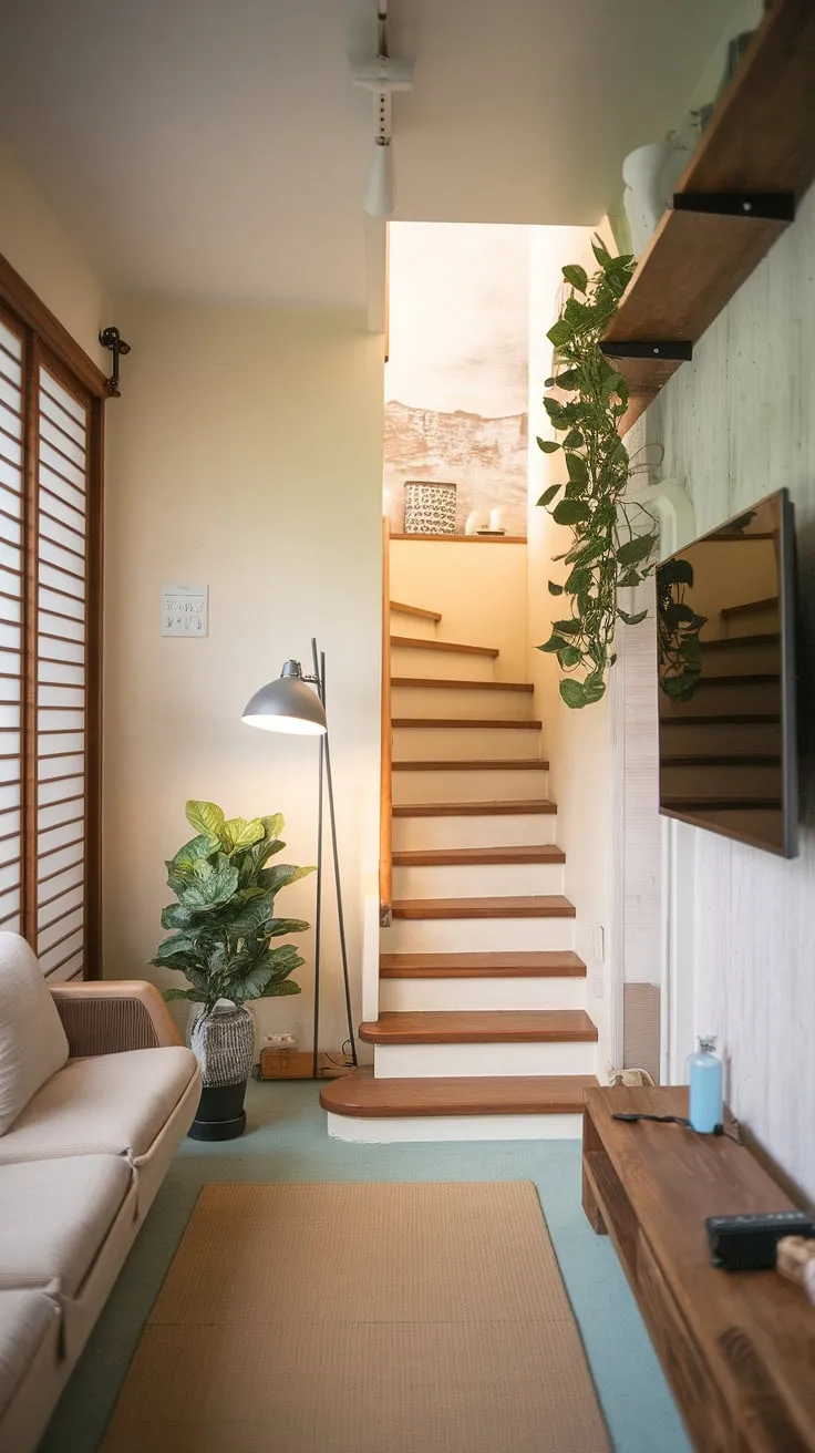 Escape to tranquility in this Japandi-inspired living room, where a narrow staircase ascends to peaceful upper levels.  Clever small tv room layout maximizes space, offering snug tv room ideas and narrow media room solutions perfect for a japandi movie room.  These tv lounge ideas and media lounge room ideas showcase how even a small tv room design ideas can create a cozy and functional space.