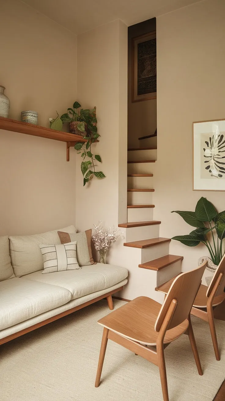 Escape to this serene Japandi movie room, a haven of calm and style.  This small tv room, featuring a living room staircase and thoughtful small tv room ideas, proves that even a narrow tv room can be both functional and beautiful.  Explore these snug tv room ideas for a space that's as inviting as it is aesthetically pleasing, showcasing clever small tv room layout solutions.