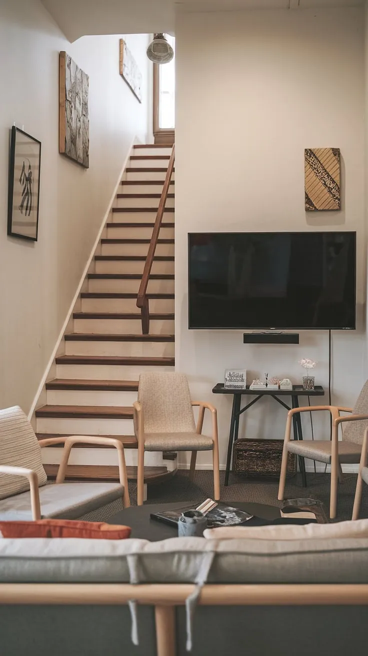 This Japandi movie room maximizes space with clever small tv room layout ideas.  The narrow staircase adds architectural interest, while the snug tv room design creates the perfect media lounge room for cozy movie nights.  Plenty of inspiration for narrow tv room ideas and small tv room ideas here.