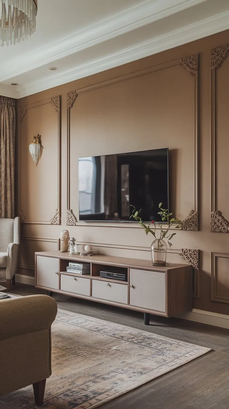 This neoclassical TV wall design, featuring elegant wainscoting and classic paneling, elevates the living room to new heights of sophistication. The custom tv unit furniture design seamlessly integrates with the living room panelling, creating a harmonious and luxurious living room classic.  This exemplifies the latest living room designs, showcasing the perfect blend of timeless style and modern functionality.