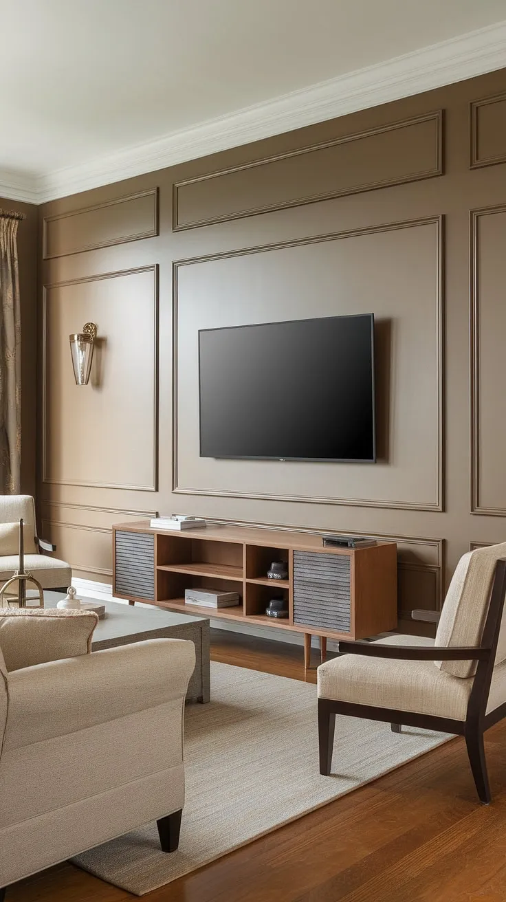 This neoclassical TV wall design, featuring elegant wainscoting and classic panelling, elevates the living room to new heights of sophistication.  The custom-designed TV unit furniture, seamlessly integrated into the living room wall units, completes this stunning example of the latest living room designs.