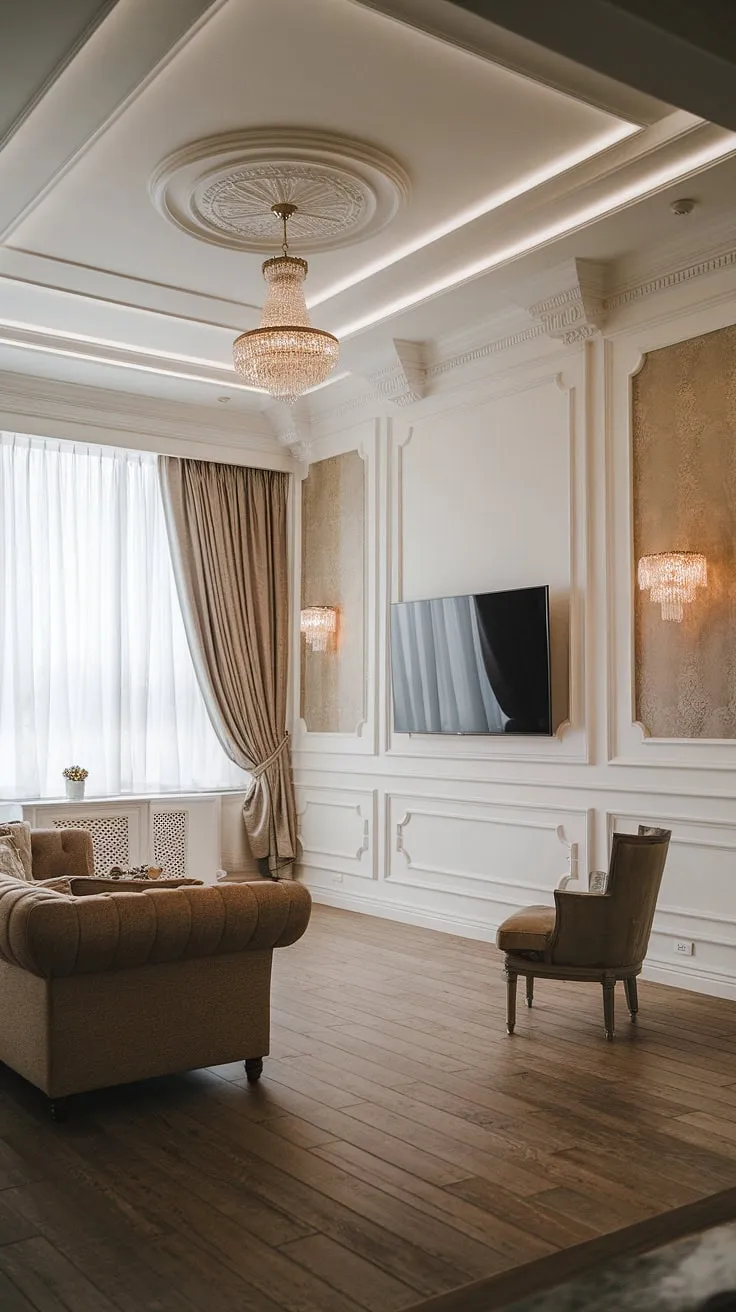 Experience refined living in this breathtaking space.  The living room tv wall is a masterpiece of neoclassical tv wall design, featuring elegant wainscoting and living room panelling that exudes sophistication.  The carefully curated furniture and the large window complete this living room classic, showcasing the latest living room designs with a touch of timeless grace.