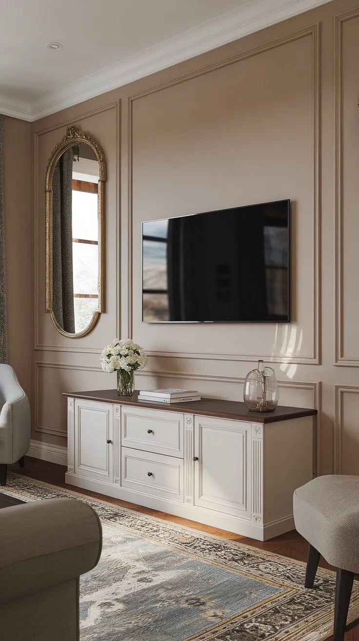 Experience the grandeur of this living room classic. The living room tv wall, featuring intricate wainscoting and a statement mirror, showcases a stunning neoclassical tv wall design. The thoughtfully designed living room wall units, including the white cabinet and dark wood top tv unit furniture design, complete this sophisticated and modern living room.