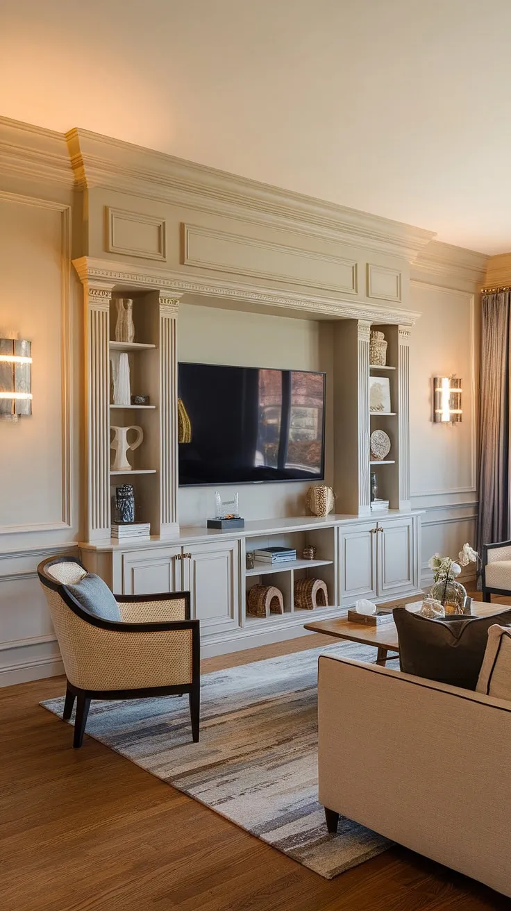 Experience the epitome of refined living with this stunning living room.  The living room wall units, incorporating a neoclassical TV wall design with intricate wainscoting, create a focal point of understated luxury.  This latest living room designs showcases the perfect blend of classic and contemporary, highlighted by the thoughtfully chosen TV unit furniture design.