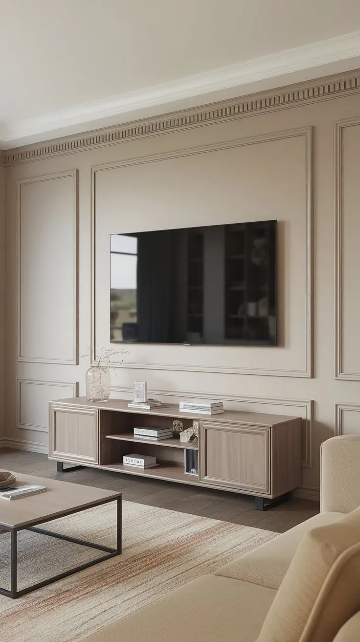 This neoclassical TV wall design elevates the living room with its exquisite wainscoting and classic panelling. The bespoke tv unit furniture design seamlessly integrates storage and style, showcasing the latest living room designs.  The result is a living room classic, perfectly balanced between modern convenience and timeless elegance.