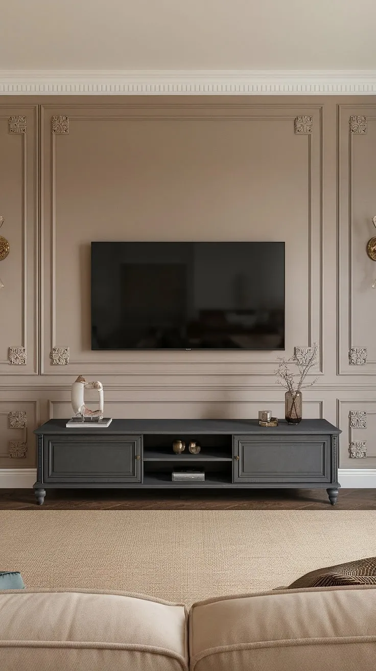 Experience the timeless elegance of this living room. The meticulously crafted neoclassical TV wall design, featuring intricate wainscoting and living room panelling, is the focal point.  The sleek tv unit furniture design and neutral colour palette complete this sophisticated living room, a perfect example of the latest living room designs.