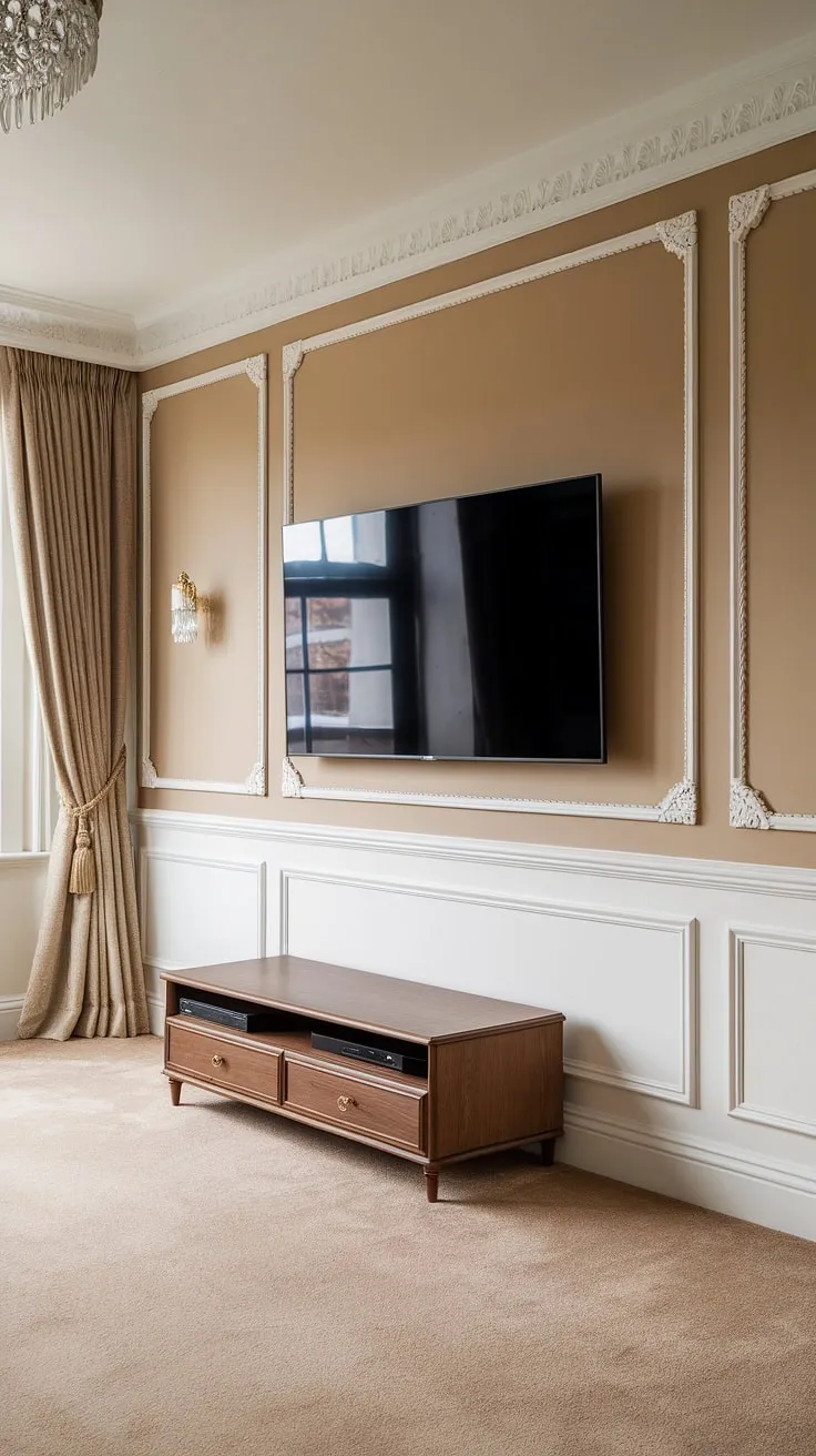 Experience the grandeur of a living room classic. This captivating space features a breathtaking neoclassical TV wall design, complete with intricate wainscoting and a seamlessly integrated flat-screen TV. The living room wall units, including the stylish wooden TV unit, are a testament to refined taste. This is the epitome of latest living room designs, where timeless elegance meets contemporary comfort.