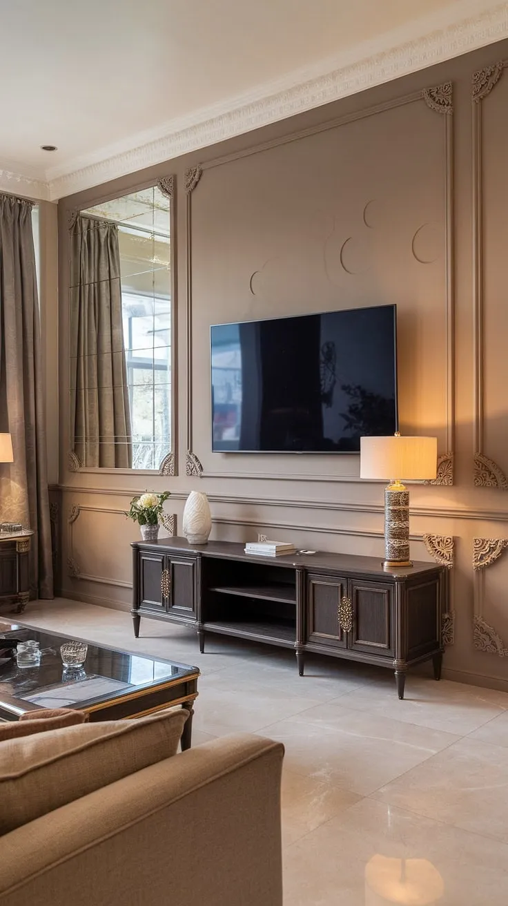 This neoclassical TV wall design, featuring elegant wainscoting and a grand mirror, elevates the living room to a space of refined classic style. The dark tv unit furniture design complements the beige sofa and tiled floor, showcasing the latest living room designs with a timeless appeal.  The living room panelling and living room wall units create a cohesive and sophisticated look.