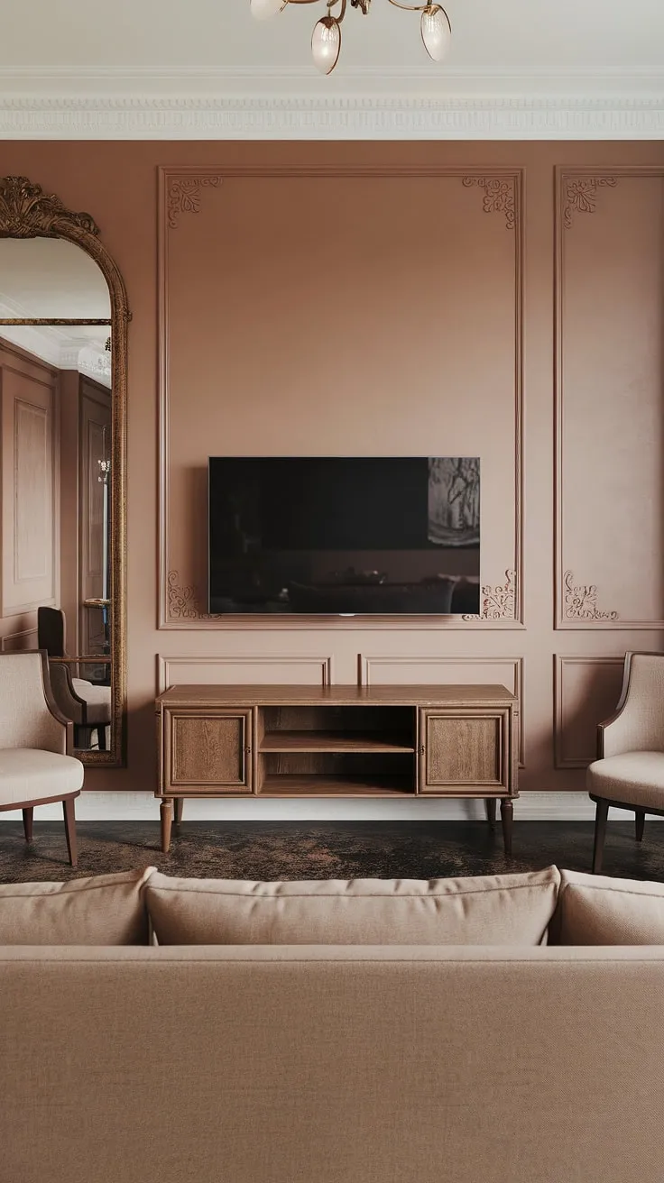 Experience the grandeur of this living room. The living room tv wall, a masterpiece of neoclassical design, incorporates intricate wainscoting and a statement mirror.  The carefully chosen tv unit furniture design and living room wall units seamlessly integrate with the beige sofa and dark flooring, creating a harmonious blend of modern comfort and classic aesthetics. This is a prime example of the latest living room designs.