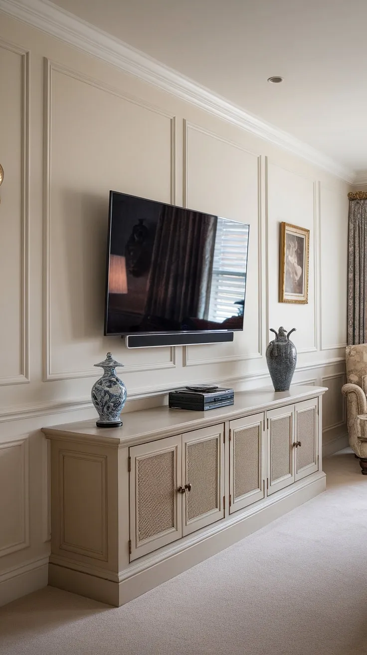 Experience refined living with this stunning living room. The living room tv wall features a breathtaking neoclassical TV wall design, incorporating exquisite wainscoting and custom living room wall units.  This latest living room designs showcases impeccable attention to detail, from the tv unit furniture design to the overall living room classic ambiance.