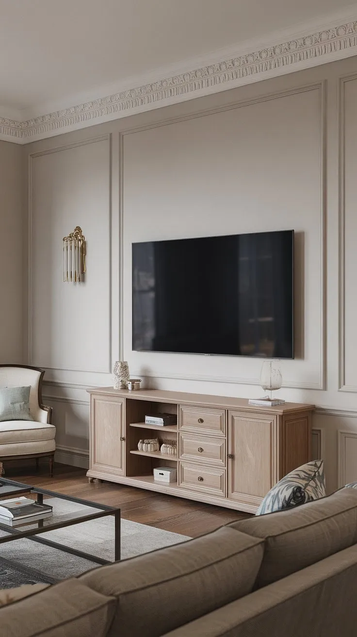 Experience the grandeur of a living room classic, redefined.  The living room tv wall boasts a stunning neoclassical design, complete with rich wainscoting and a meticulously crafted living room wall units. The TV unit furniture design is a testament to refined craftsmanship, perfectly complementing the latest living room designs.