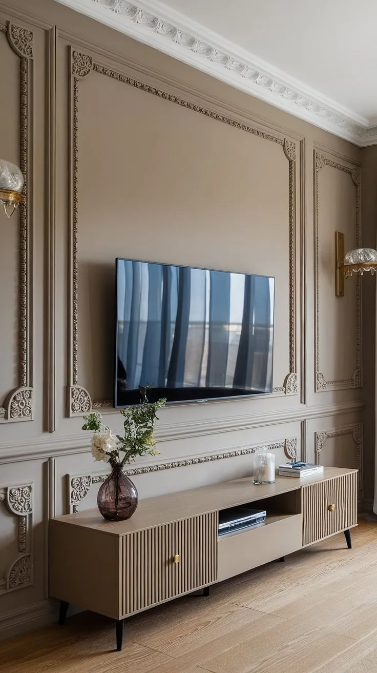 Experience the grandeur of a living room classic reimagined. This stunning living room tv wall boasts a breathtaking neoclassical tv wall design, complete with exquisite wainscoting and a seamlessly integrated tv unit furniture design.  The living room panelling and carefully chosen living room wall units exemplify the latest living room designs, creating a space of unparalleled sophistication and comfort.