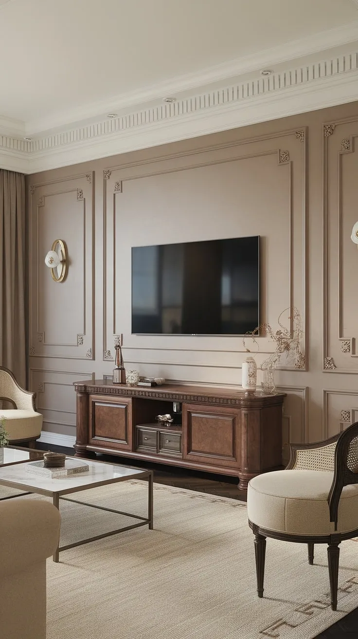 Experience the grandeur of this living room, where a stunning neoclassical TV wall design takes center stage.  The living room panelling, complete with intricate wainscoting, creates a breathtaking backdrop for the stylish TV unit furniture design. This is a prime example of the latest living room designs, showcasing how living room wall units can elevate a space to new heights of classic sophistication.