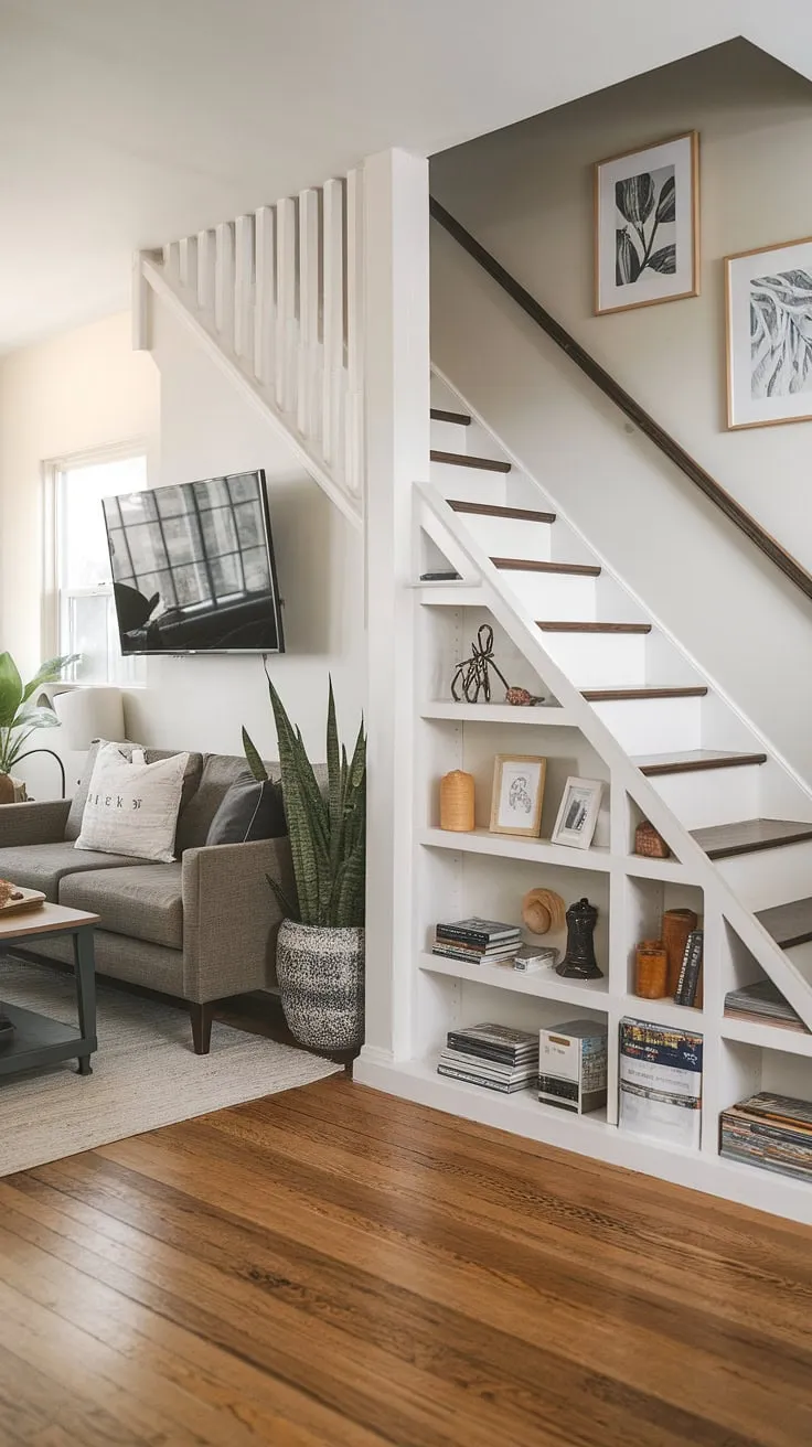 Maximize space and style in this small living room with a dedicated TV wall and clever under stairs storage.  The built-in shelves offer a practical stair storage solution, showcasing ingenious below stairs ideas and a unique staircase design.  This stairwell design perfectly complements the hardwood floors and creates a functional and aesthetically pleasing living room.