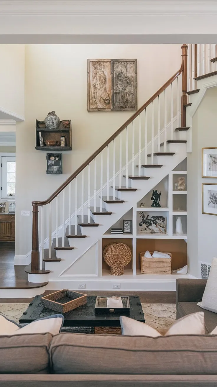 This stunning stairwell design seamlessly integrates under stairs storage, offering a wealth of small living room storage solutions. The living room tv wall complements the sophisticated staircase design, proving that even limited space can benefit from creative below stairs ideas and clever stair shelf ideas.  A perfect example of maximizing functionality with a beautiful stair storage solution.