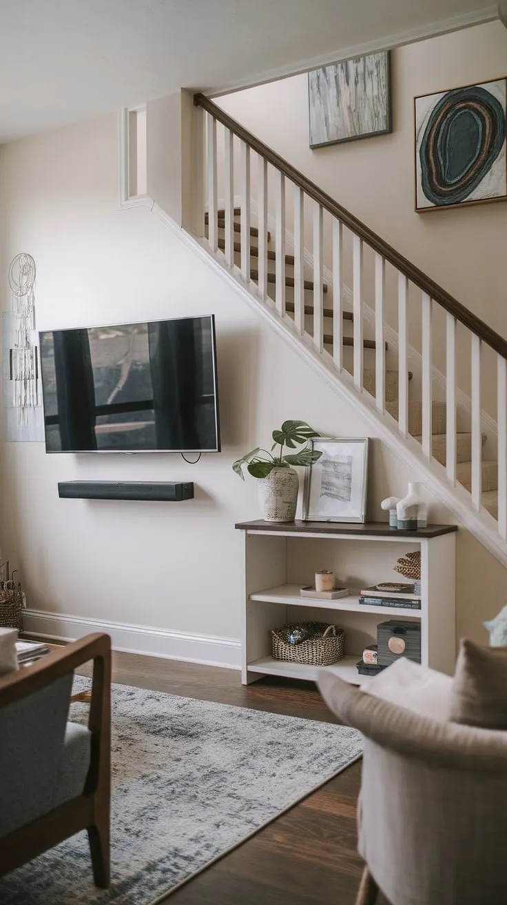 This stunning stairwell design showcases ingenious below stairs ideas, transforming unused space into practical small living room storage.  The living room TV wall anchors the room, while the under stairs storage, complete with a charming stair shelf, provides both functionality and visual appeal.  A perfect example of maximizing space with creative stair storage solutions.