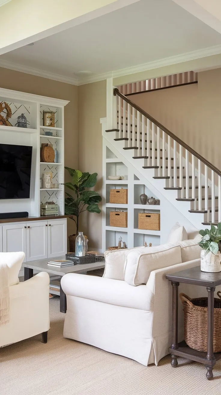 Maximize space and style with this clever living room design.  The living room TV wall anchors the seating area, while the under stairs storage and below stairs ideas, including custom stair shelf ideas, offer ingenious small living room storage solutions.  The staircase design and stairwell design add architectural interest to this functional and beautiful space.