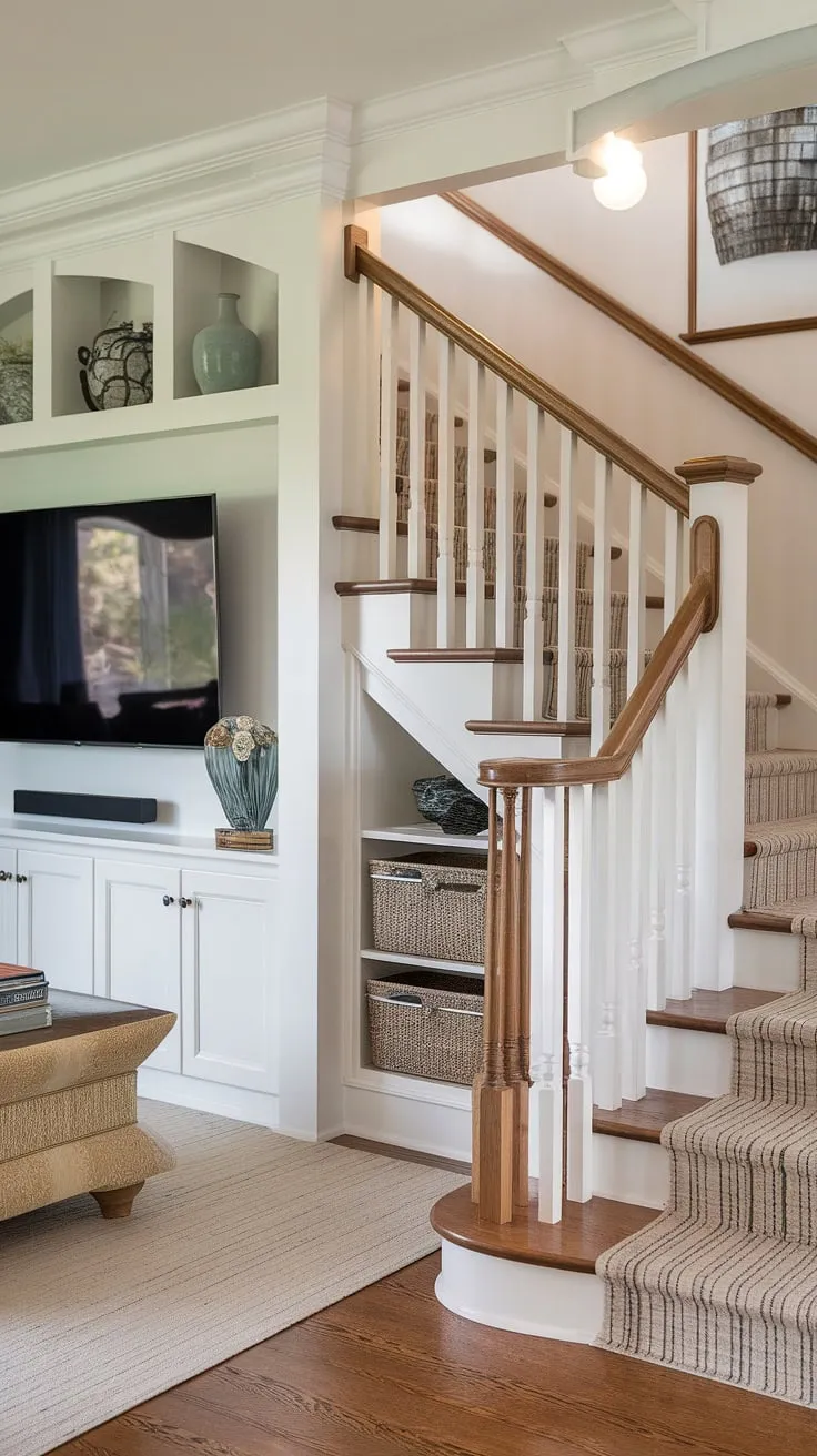 This stunning stairwell design seamlessly integrates under stairs storage, solving small living room storage woes.  The living room TV wall provides a focal point, while the thoughtful staircase design and stair shelf ideas maximize functionality and aesthetic appeal.  Clever use of space makes this the perfect example of below stairs ideas and stair storage solutions.