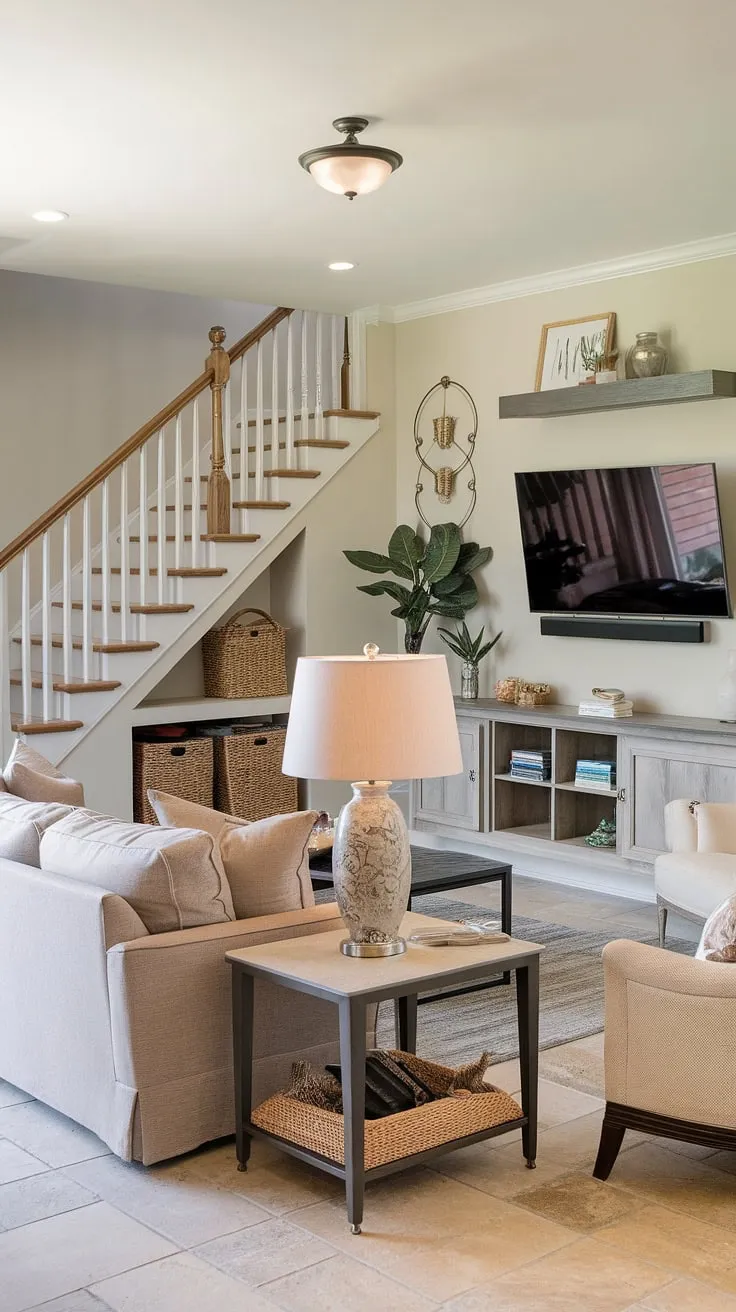 This living room's design seamlessly blends functionality and aesthetics.  The thoughtfully planned TV wall and under-stairs storage demonstrate brilliant below stairs ideas, maximizing space in a small living room.  The stairwell design, featuring a stylish wooden railing, complements the overall ambiance, offering both practical stair storage solutions and creative stair shelf ideas.