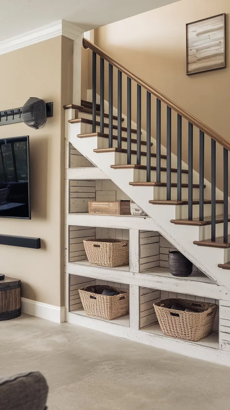 Maximizing space in this small living room with clever under stairs storage.  The whitewashed shelves and woven baskets offer stylish stair storage solutions, complementing the living room TV wall and contemporary staircase design. This stairwell design proves that even below stairs ideas can be both functional and aesthetically pleasing.