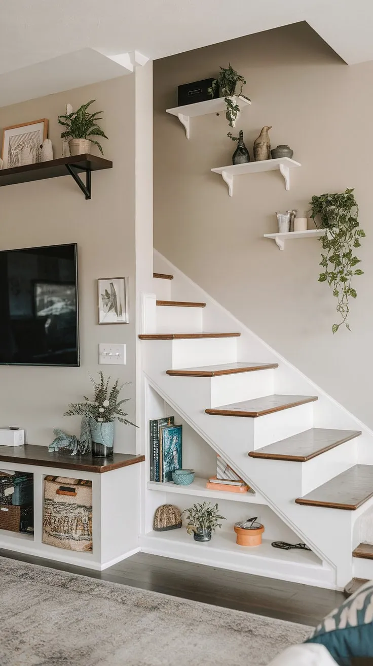 This stunning stairwell design perfectly integrates under stairs storage and below stairs ideas, maximizing space in this small living room. The living room TV wall is a focal point, complemented by the creative stair shelf ideas and practical stair storage solutions.  A perfect example of how to incorporate small living room storage seamlessly.