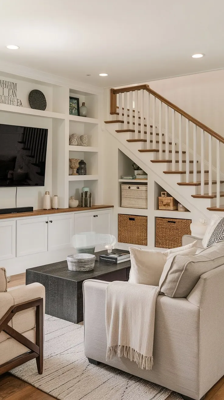 This stunning living room showcases innovative stairwell design, seamlessly integrating under stairs storage into the overall aesthetic.  The TV wall anchors the space, while the thoughtful use of below stairs ideas provides invaluable small living room storage.  This is a prime example of how creative stair storage solutions and stair shelf ideas can elevate both functionality and design in a compact living space.