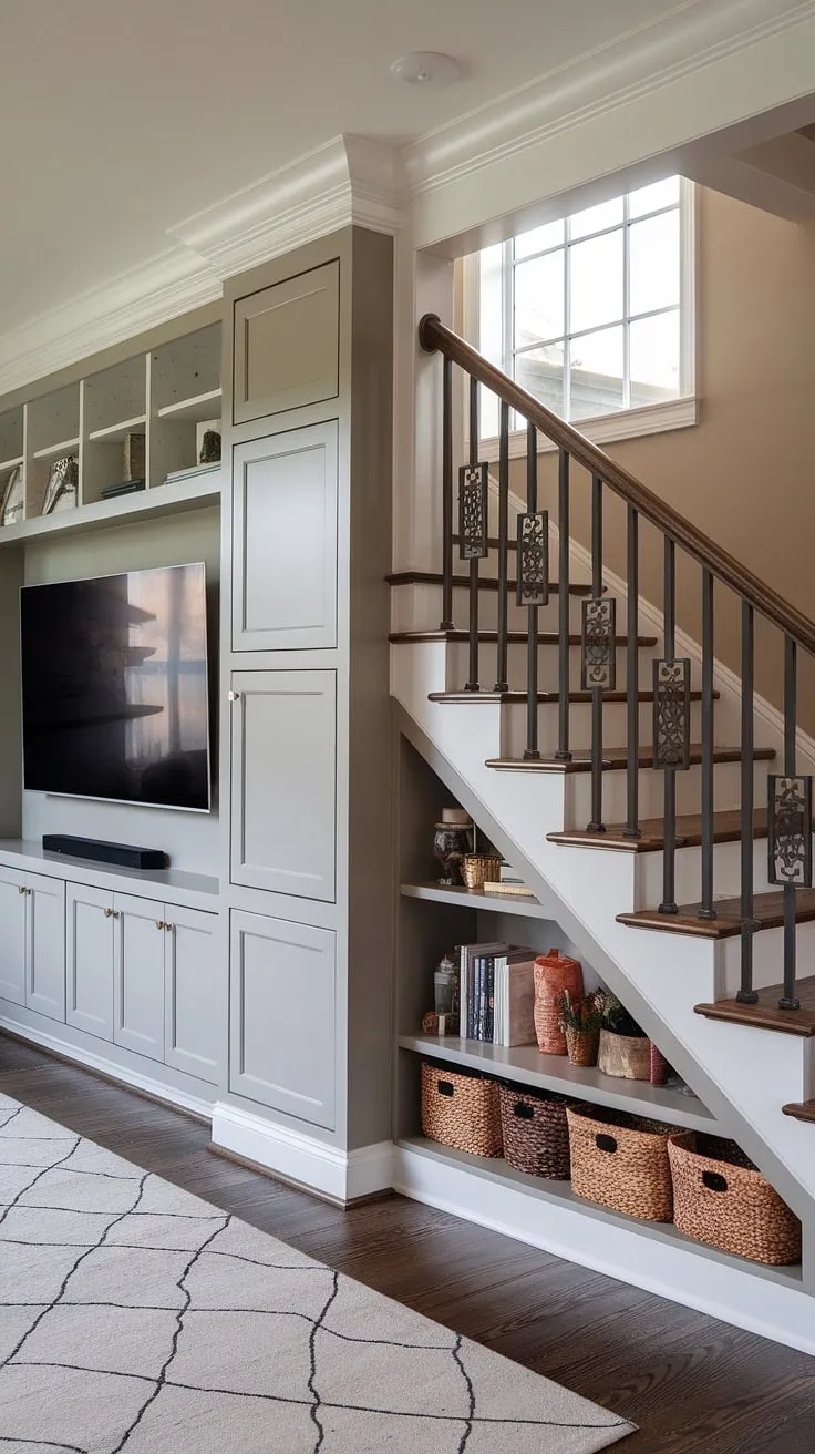 Maximize space and style in this small living room.  The cleverly designed staircase, with its elegant stairwell design and built-in under stairs storage, offers practical stair storage solutions while the living room tv wall adds a touch of modern sophistication.  Below stairs ideas like this are perfect for maximizing storage in smaller homes.