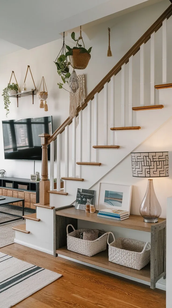 Maximize space and style with this clever under stairs storage solution.  The clean lines of the staircase design complement the modern living room TV wall, showcasing how below stairs ideas can transform a small living room.  This stair shelf, a perfect example of stair storage solutions, adds both functionality and charm.