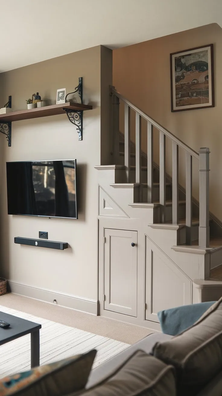 Maximizing space in this small living room with a stylish living room TV wall, clever under stairs storage, and a thoughtfully designed staircase.  Below stairs ideas like this maximize functionality, offering practical stair storage solutions and unique stair shelf ideas. The stairwell design itself adds architectural interest.