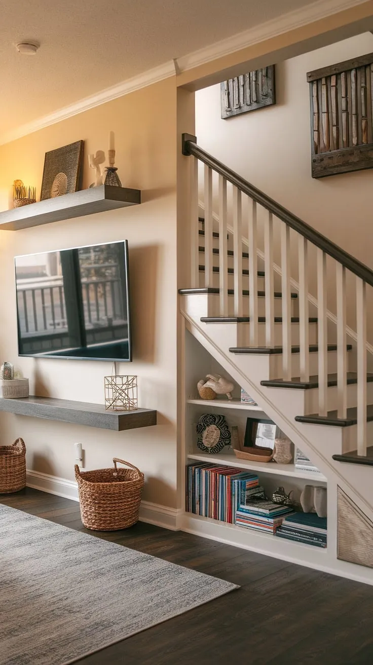 This stunning stairwell design seamlessly integrates under stairs storage, offering practical small living room storage solutions.  The living room TV wall adds a modern touch, while the thoughtfully curated stair shelf ideas and below stairs ideas create a cozy and functional space.  Clever use of the area under the stairs transforms this staircase design into a stylish and efficient storage solution.