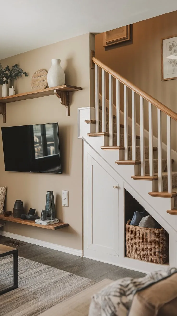 This small living room proves that big style doesn't require big space.  The living room TV wall is a focal point, while the under stairs storage provides invaluable small living room storage.  Smart below stairs ideas and a stunning staircase design, complete with a practical stairwell design, make the most of every inch.  Clever stair shelf ideas and innovative stair storage solutions transform this area into a functional and aesthetically pleasing haven.