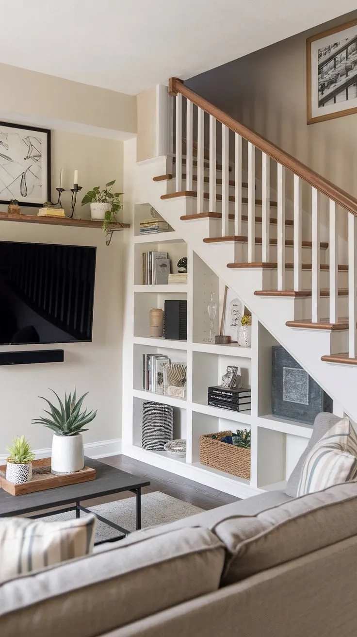 This small living room proves that big style doesn't need big space.  The staircase design, featuring ingenious under stairs storage and creative below stairs ideas, showcases smart stair storage solutions and maximizes every inch.  The living room tv wall adds a modern touch, while the stair shelf ideas add personality.