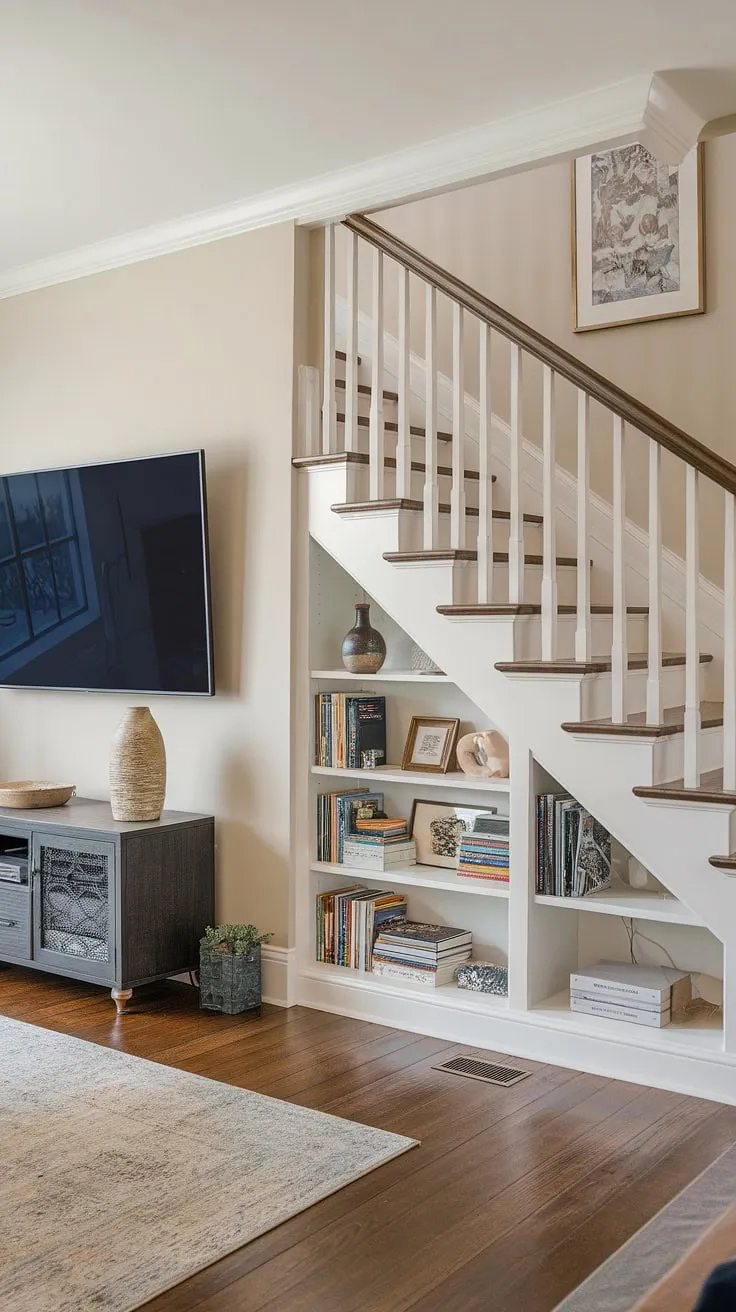 This living room seamlessly blends style and functionality.  The stunning living room TV wall anchors the space, while clever under stairs storage maximizes every inch.  Below stairs ideas like this are perfect for small living room storage, showcasing creative stair shelf ideas and smart stair storage solutions within the unique staircase design and stairwell design.