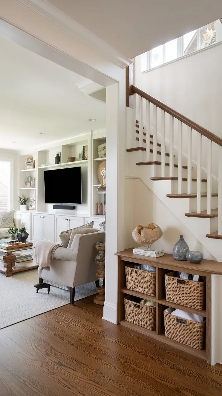 Maximize space and style with this clever living room design.  The built-in under stairs storage, complete with wooden shelves and baskets, offers ingenious small living room storage solutions.  The striking staircase design, featuring a stair shelf and a bright stairwell design with skylight, complements the sleek living room TV wall perfectly.  These below stairs ideas showcase how to transform unused space into functional and beautiful storage.