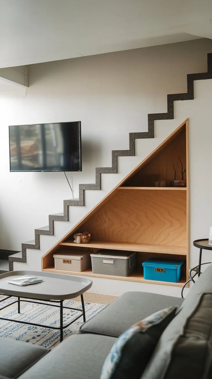 Maximize space and style in this small living room!  The clever under stairs storage, featuring a custom stair shelf and storage boxes, showcases ingenious below stairs ideas.  The unique staircase design and stairwell design are complemented by a living room TV wall, creating a functional and aesthetically pleasing home. This is a prime example of small living room storage solutions.