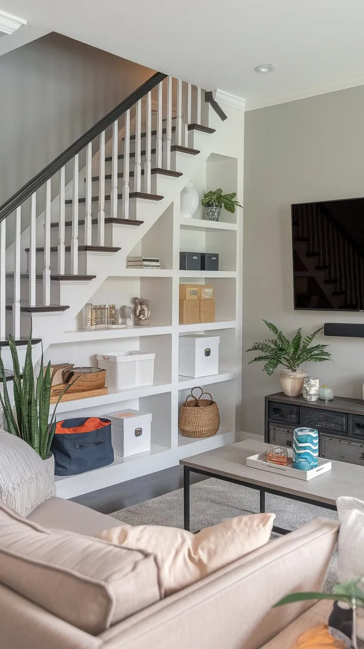 Maximize space and style with this clever living room design.  The built-in stair shelves offer ingenious small living room storage, transforming the often-wasted space under the stairs into a functional and attractive feature.  Note the seamless integration of under stairs storage with the stairwell design and the stylish living room tv wall. This showcases brilliant below stairs ideas and stair storage solutions for a truly optimized home.