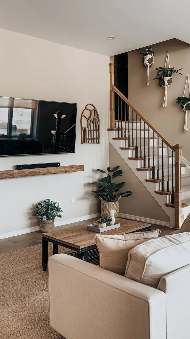 This living room seamlessly blends style and functionality.  The eye-catching living room TV wall anchors the space, while clever under stairs storage and below stairs ideas maximize space in this small living room.  The staircase design and stairwell design add architectural interest, and the stair shelf ideas provide extra storage solutions, proving that even small spaces can be both beautiful and practical.