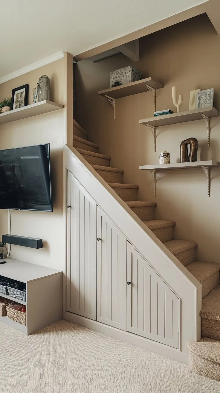 This stunning staircase design showcases ingenious stair storage solutions, transforming unused space under the stairs into valuable storage.  The living room TV wall complements the overall design, creating a cohesive and efficient use of space.  Clever stair shelf ideas and below stairs ideas maximize storage in this small living room, proving that even compact spaces can be both stylish and functional.