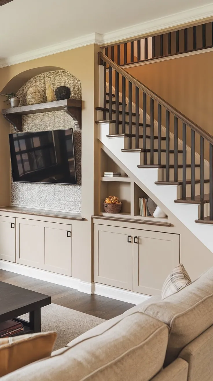 Maximize space and style with this living room design.  The cleverly integrated under stairs storage provides ample small living room storage, showcasing ingenious below stairs ideas.  Note the stylish staircase design and thoughtful stair shelf ideas, complementing the modern stairwell design and the living room tv wall.