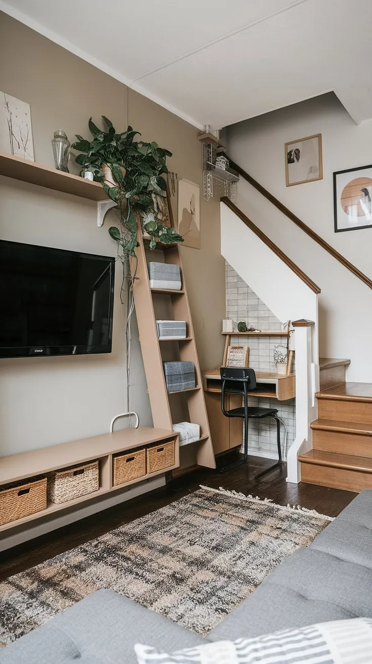 Maximizing space in this small living room with a cleverly designed TV wall, complete with under stairs storage and a ladder system for easy access.  The stairwell design and stair shelf ideas provide ingenious below stairs ideas, showcasing smart stair storage solutions.