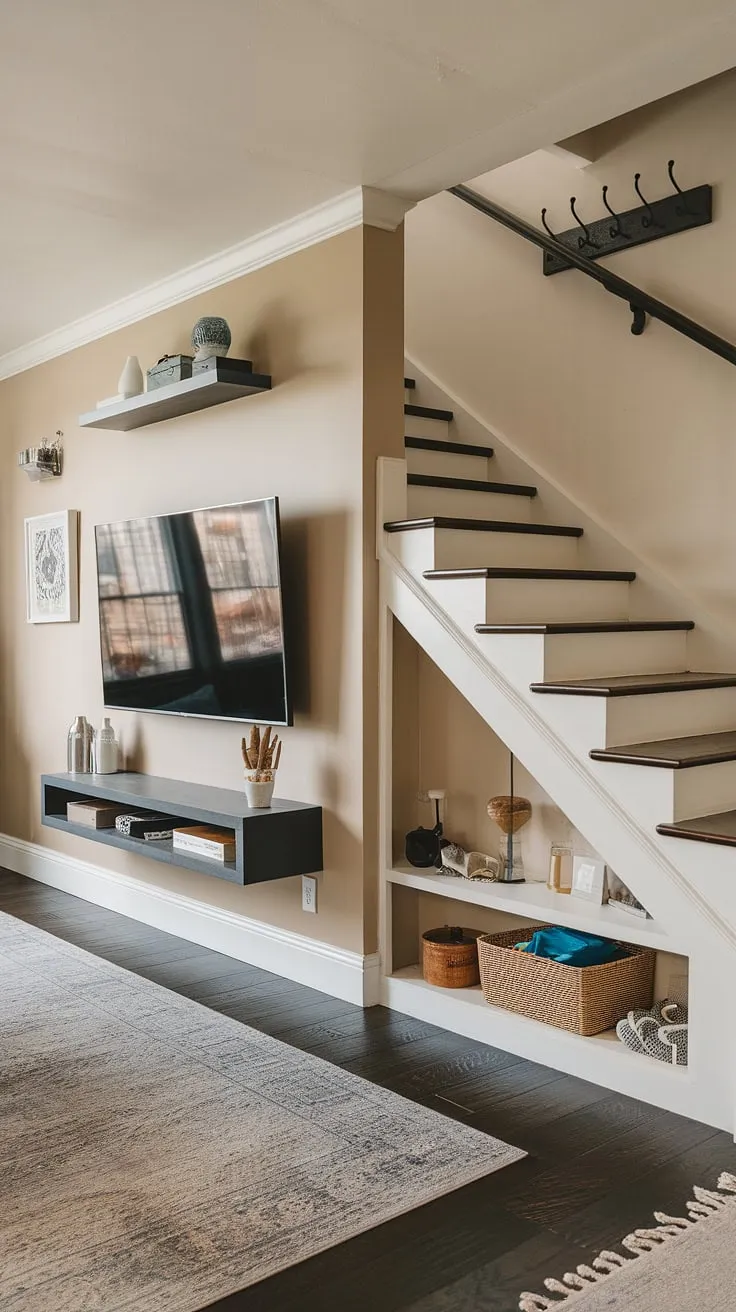 Maximize space and style in this small living room with a dedicated TV wall, cleverly incorporating under stairs storage.  The built-in stair shelf ideas provide ingenious small living room storage, while the staircase design and stairwell design add architectural interest.  Below stairs ideas like this transform unused space into practical and attractive solutions.
